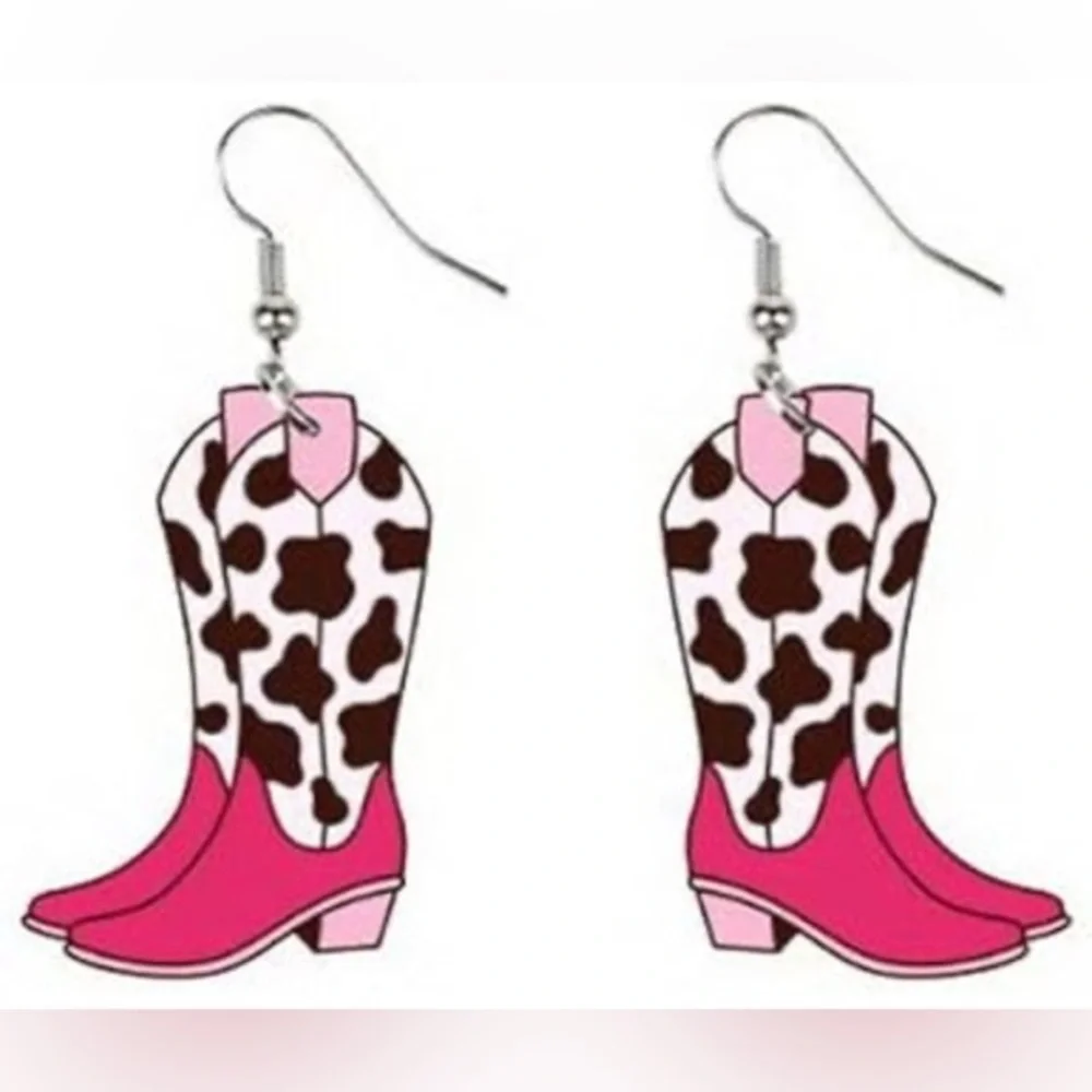 NWT - Pink Cowboy Boots with Cow Print Acrylic Dangle Single Sided Earrings